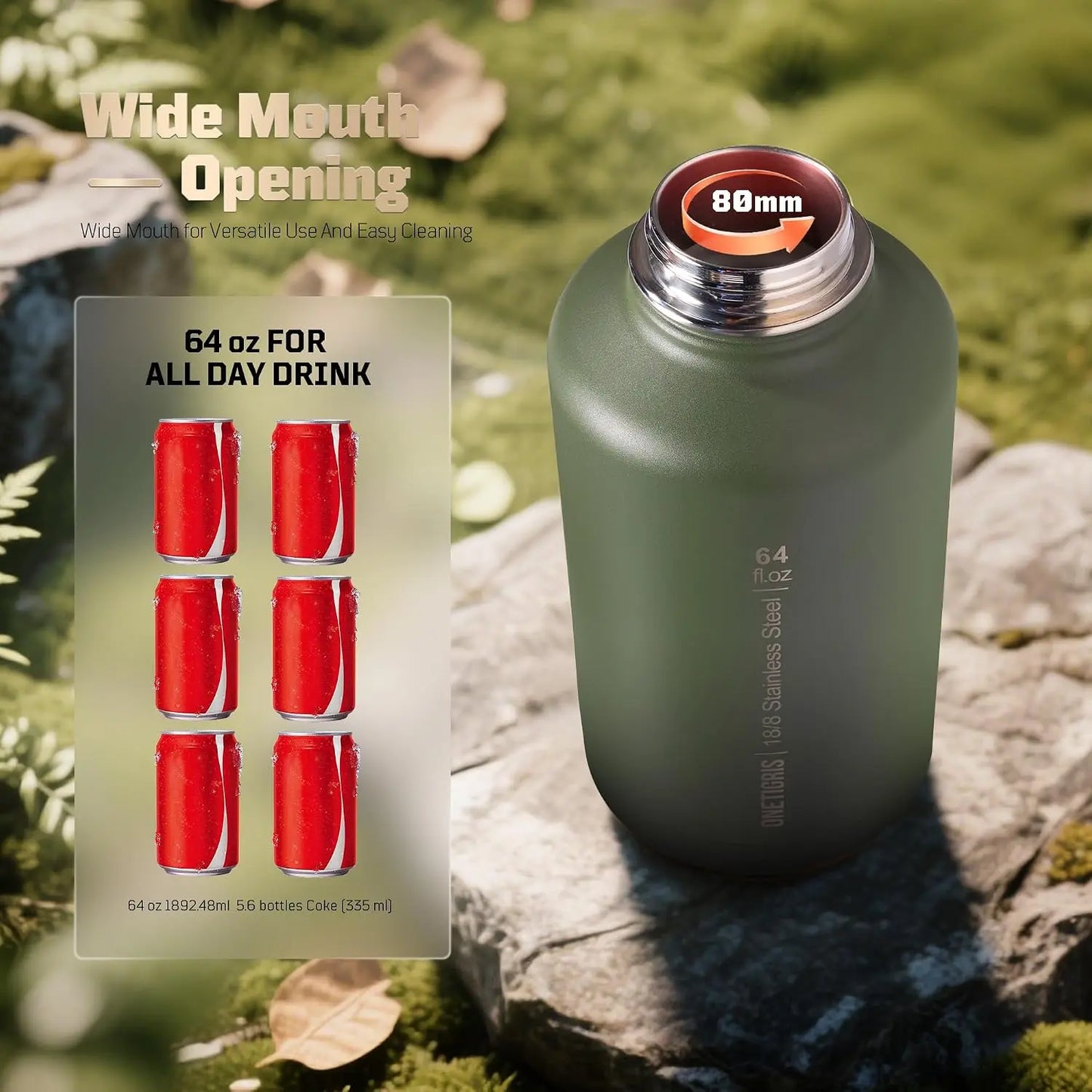 64oz Vacuum Insulated Stainless Steel Water Bottle with Straw, 3 Leakproof Lids, MOLLE Pouch & Paracord Handle for Outdoor Sports