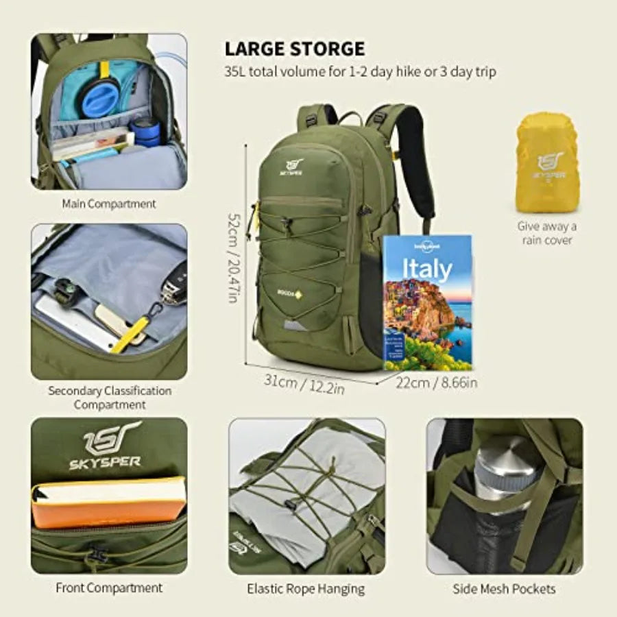 Hiking Backpack for Men Women, 35L Lightweight Travel Daypack, Outdoor Camping Back Pack with Multiple Compartments, Durable fo