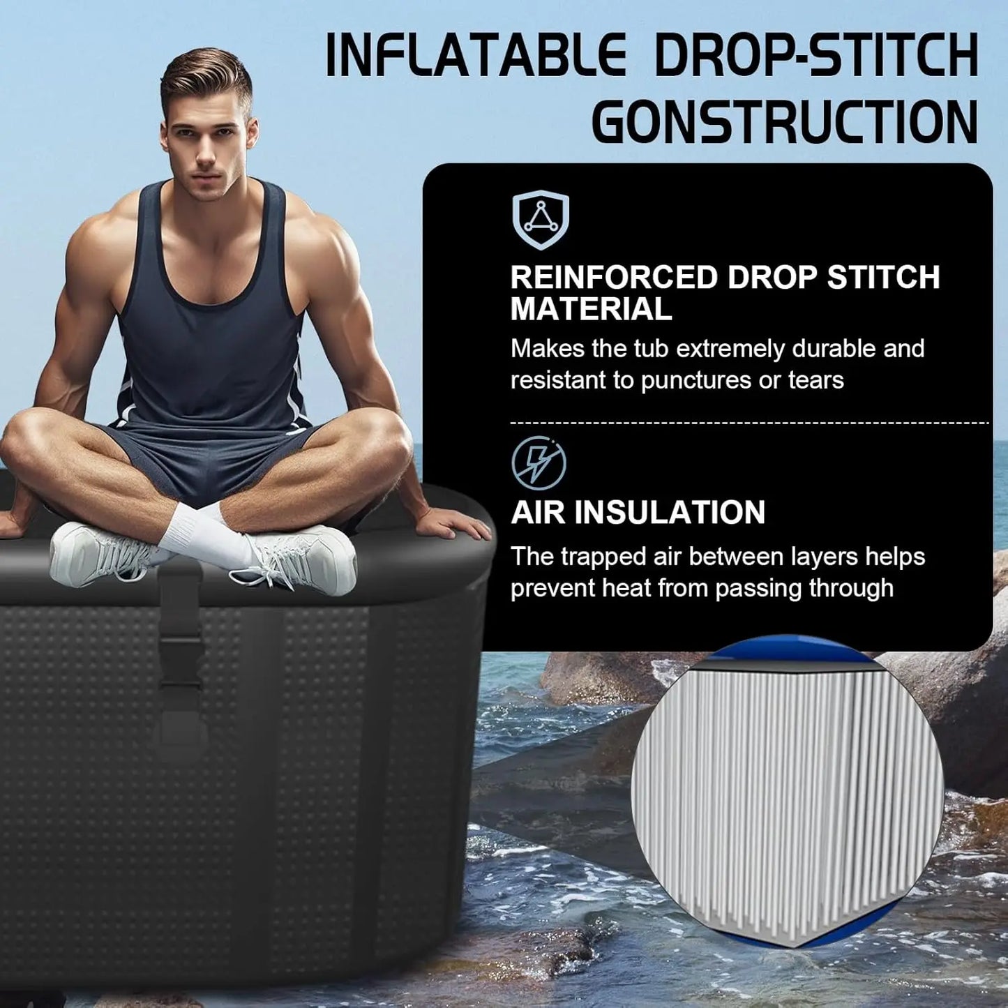 XXL Drop Stitch Ice Bath Tub for Recovery 216 Gal, Compatible with Water Chillers, Cold Plunge Tub with Insulated Lid