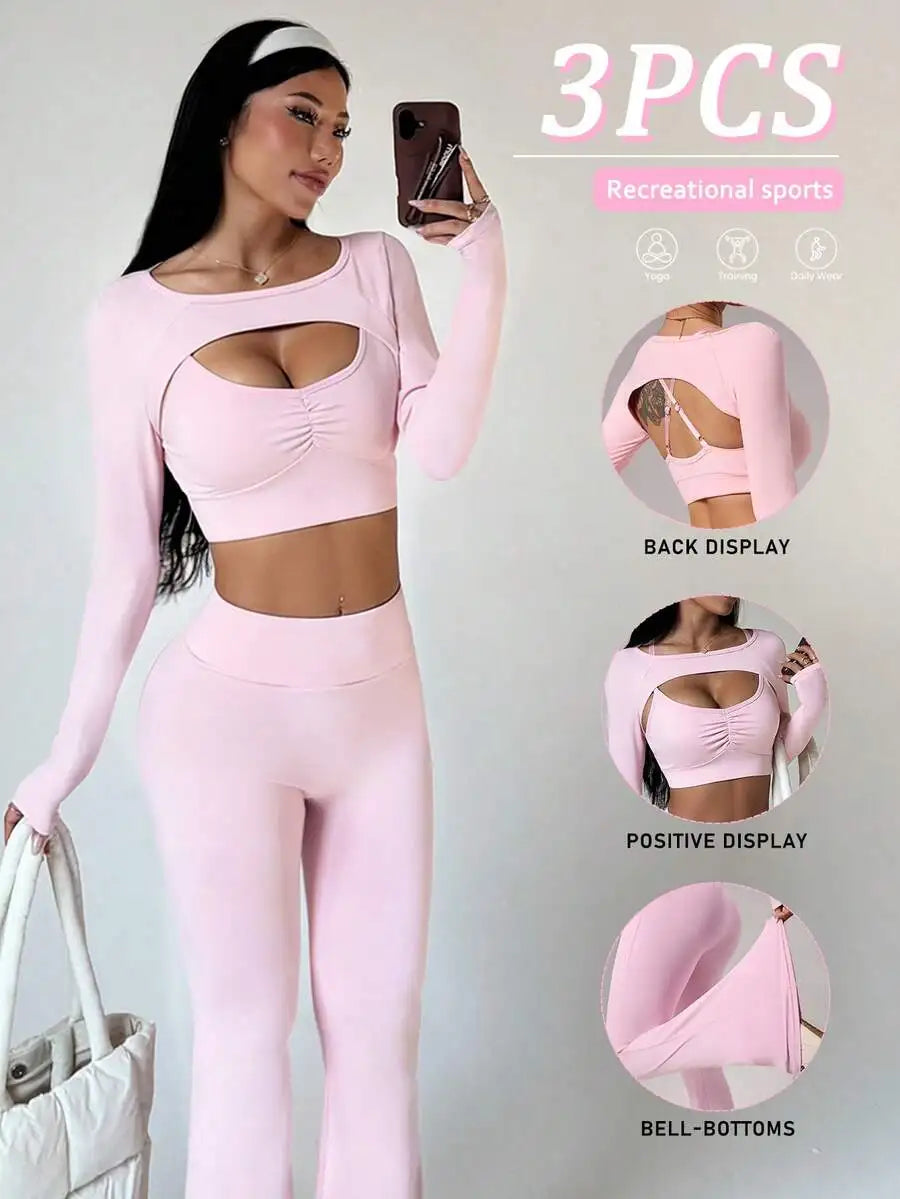 Women Sportswear Set Knit 3 Piece Cropped Top Sports Bra Flared Yoga Pants
