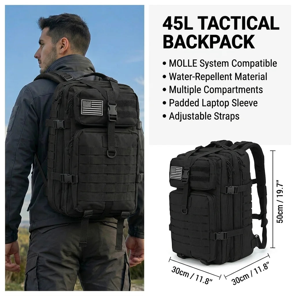 45L Tactical Gym Backpack Molle Water Resistant Sports Bag Large Capacity Training Fitness Workout Pack Men Women Travel Hiking Camping Rucksack Durable Multi Pocket Basketball Football Yoga Shoes Bag Weekend Trip Duffel Dayp