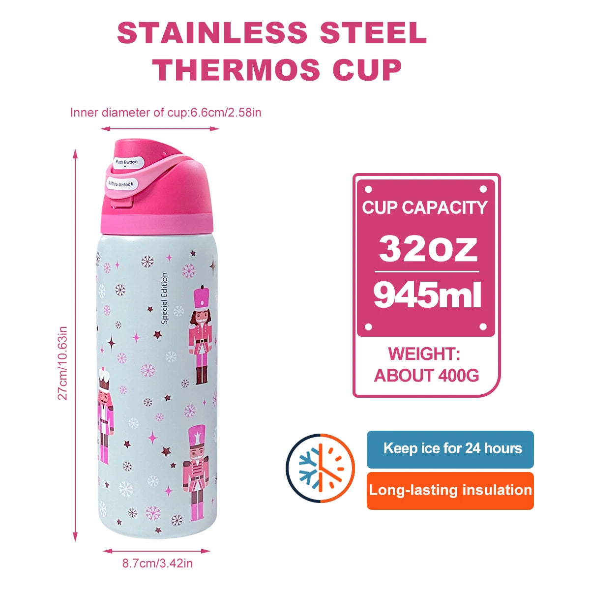 owalaa pink Bottle, 32 oz, 945 ml, retains heat for over 24 h.