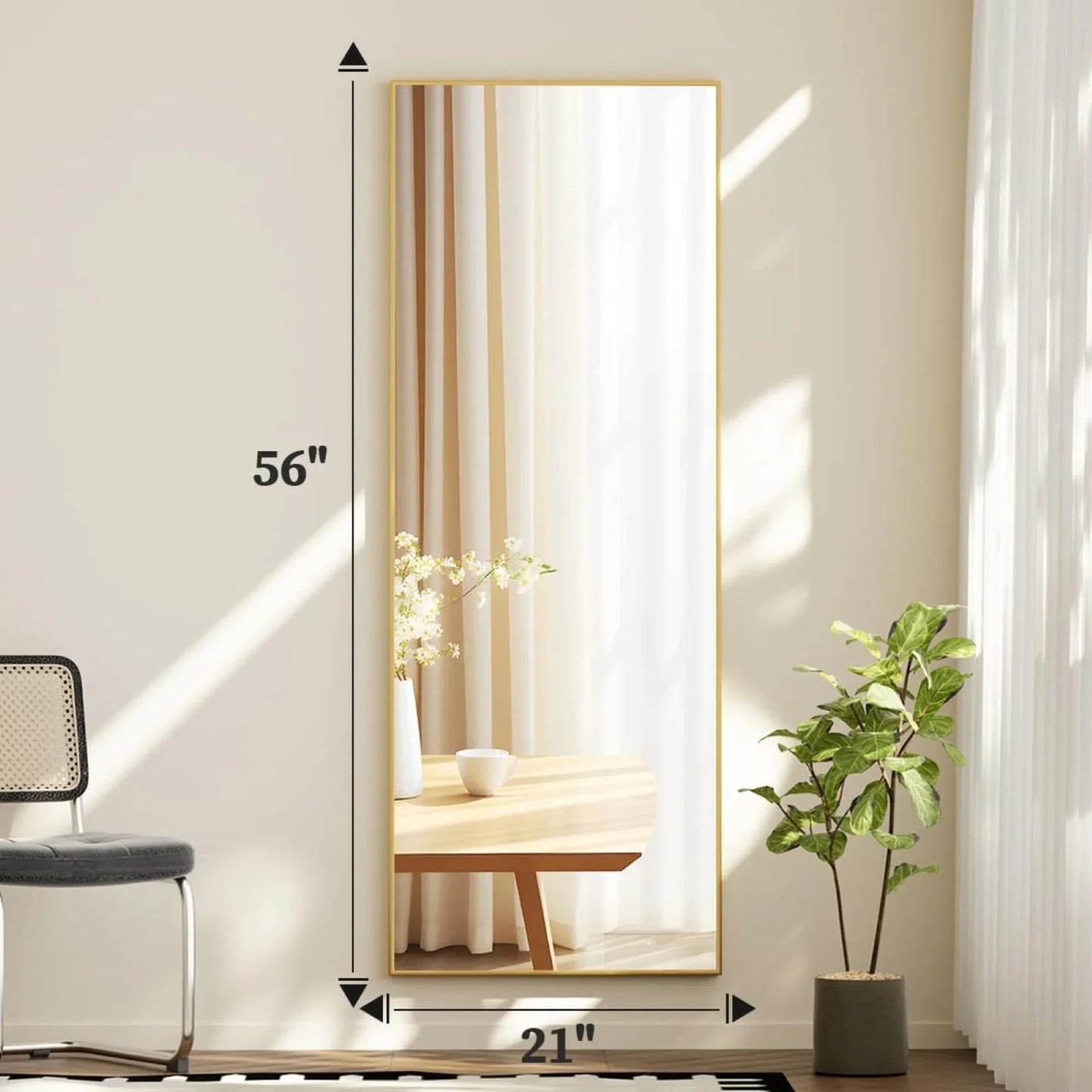 56"x21.2" Full Length Floor Mirror Rectangular Freestanding Leaning Wall-Mounted Mirror, Gold