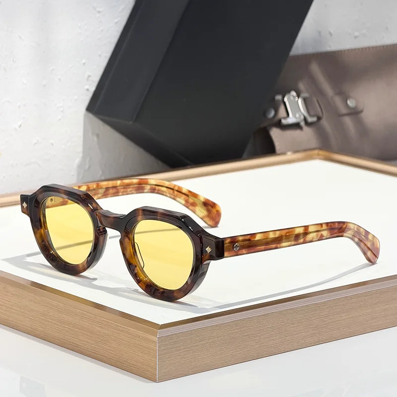 ATRIA Men's Vintage Crystal Green Special Shaped Sunglasses Designer Craft Niche Retro Thick Acetate Solar Glasses for Male