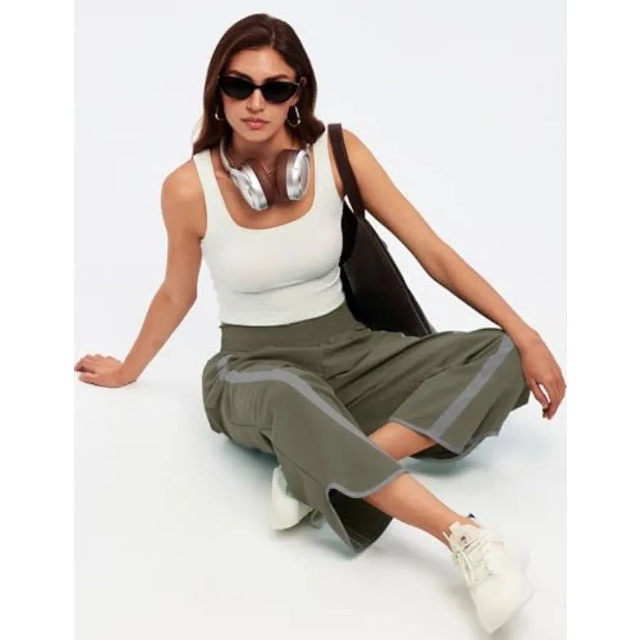 AKEWEI Womens Baggy Wide Leg Pants Summer Casual Elastic Waisted Contrast Color Workout Y2k Track Pants with Pockets