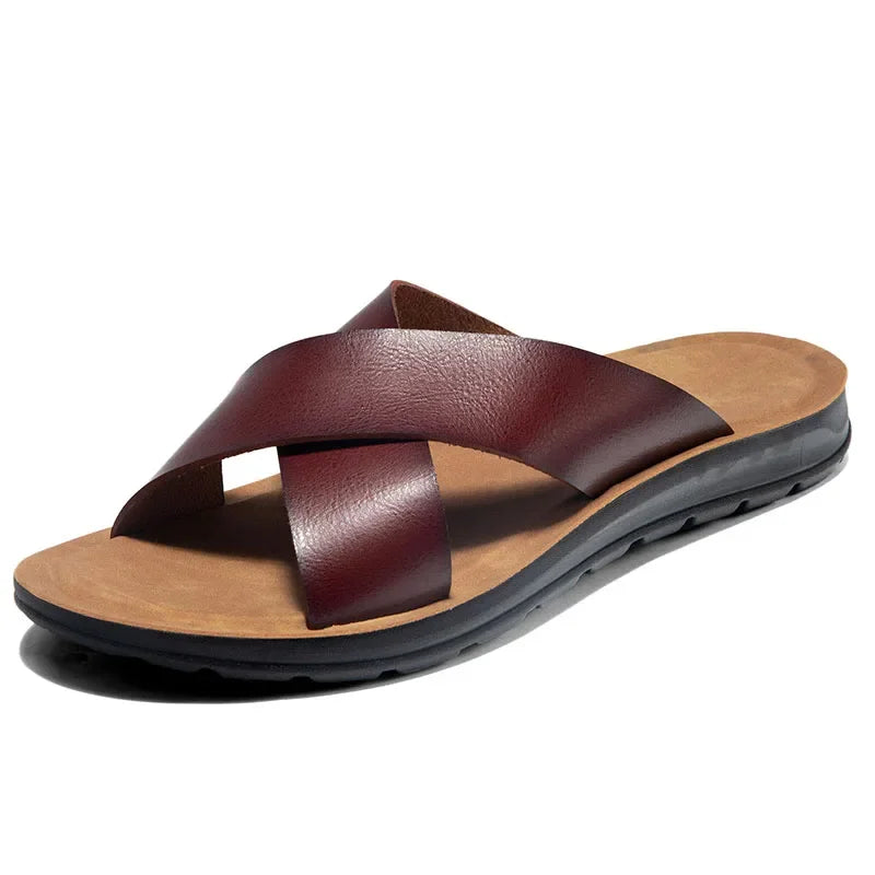 Men Shoes New Summer Shoes Italian Leather Slippers Men High Quality Size 38-47 Beach Slip on Flats Man Flip Flops Mens Sandals