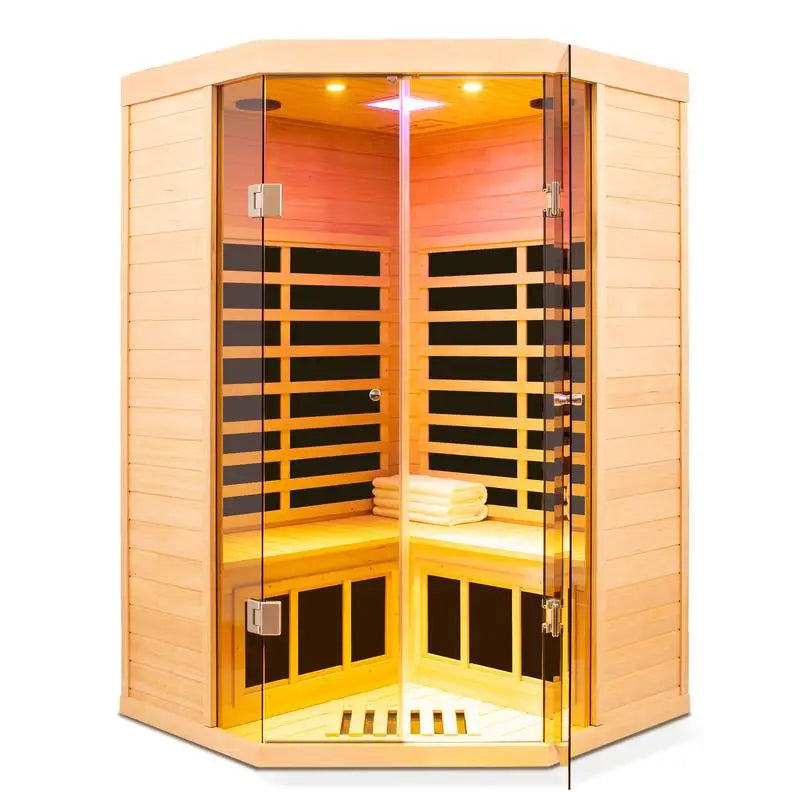 Deluxe Two Person Corner Infrared Sauna With Glass Front Hemlock