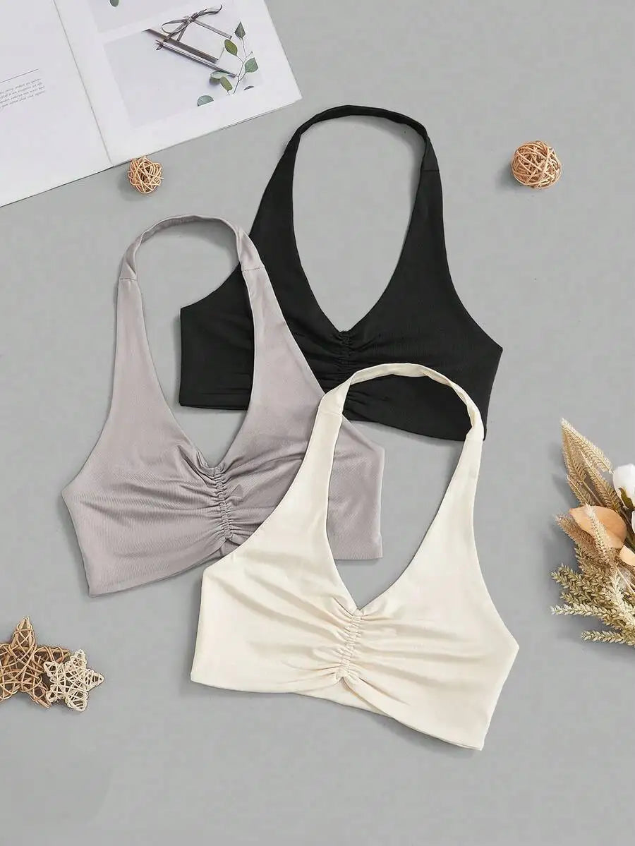 Velisys 3Pcs/Set Ruched Halter Sports Bra & Tight Fitness Camisole Set: V Neck Twist Yoga Workout Top