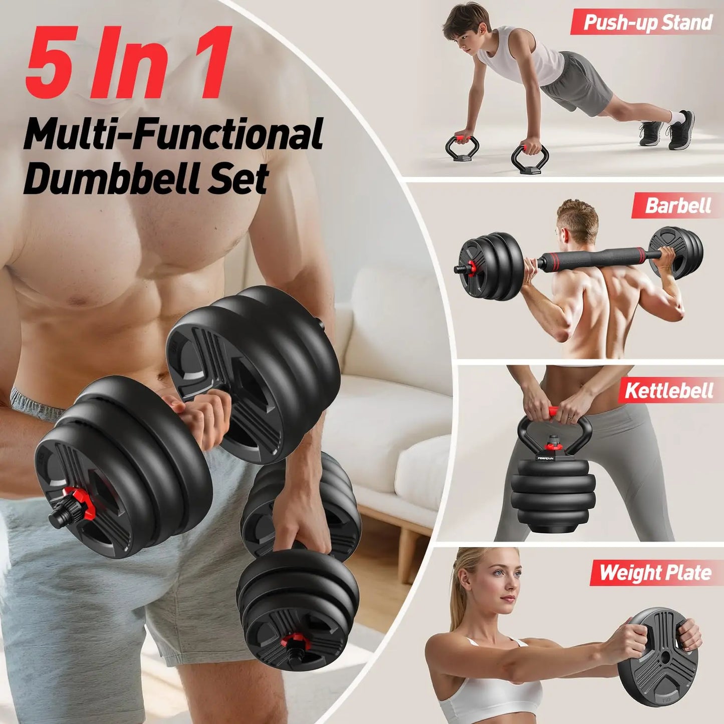 FED Fitness Adjustable 5 In 1 Free Weights Set Dumbbells