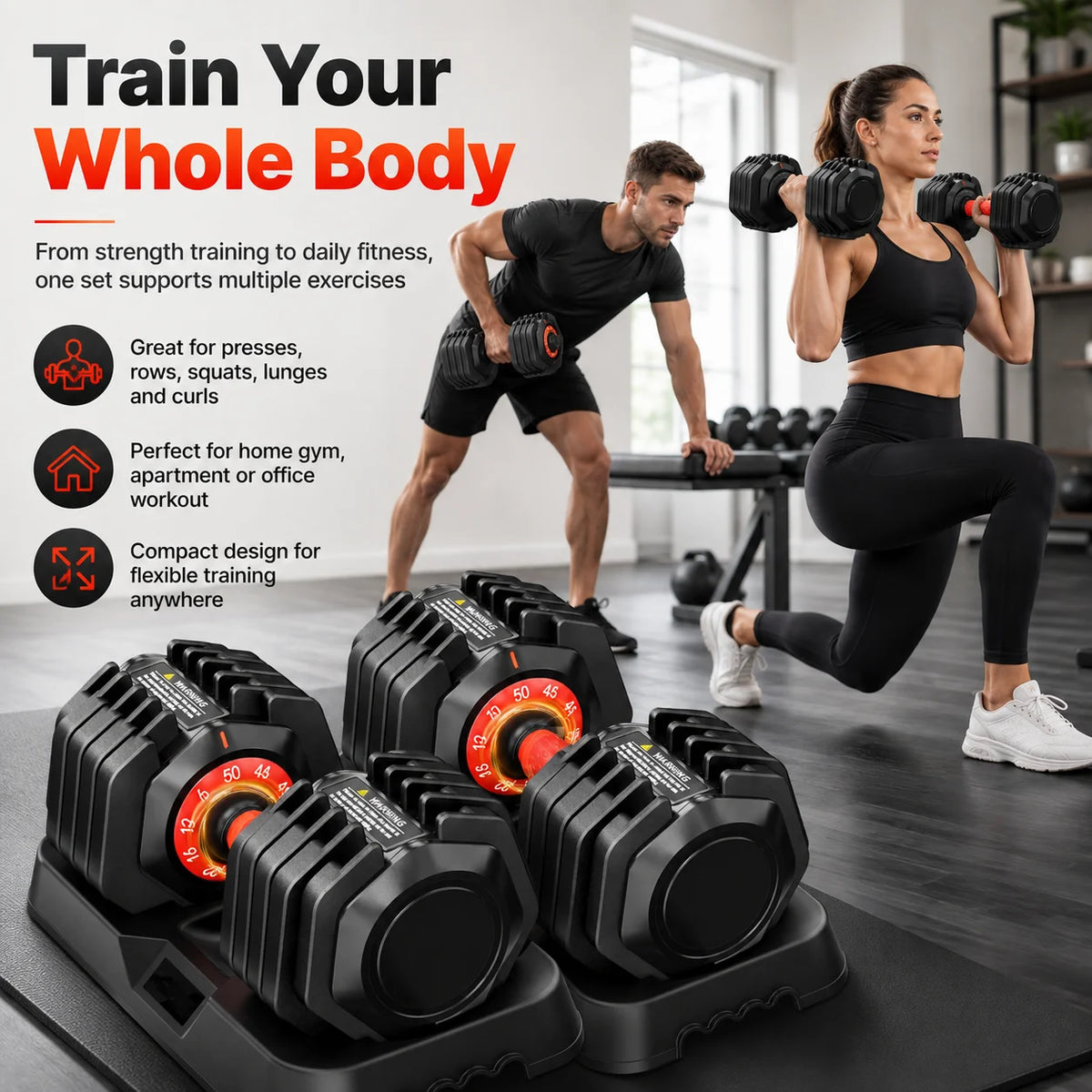 50LB Adjustable Weight Dumbbell Set Pair, Multi Weight Selection Dumbbells with Stand, Indoor Fitness Strength Exercise Equipment for Men Women Home Workout