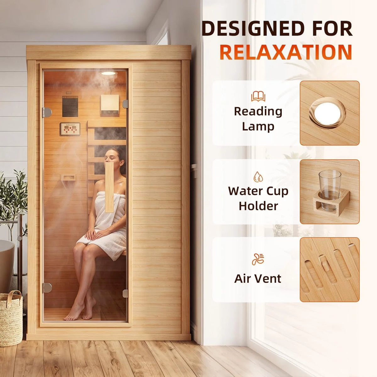 Nordivale 1 Person Wood Infrared Sauna, Canadian Hemlock Traditional Dry Spa Room with Bluetooth & Control Panel, Low EMF Indoor Sauna Cabin (32.67"x27.55"x59.44")