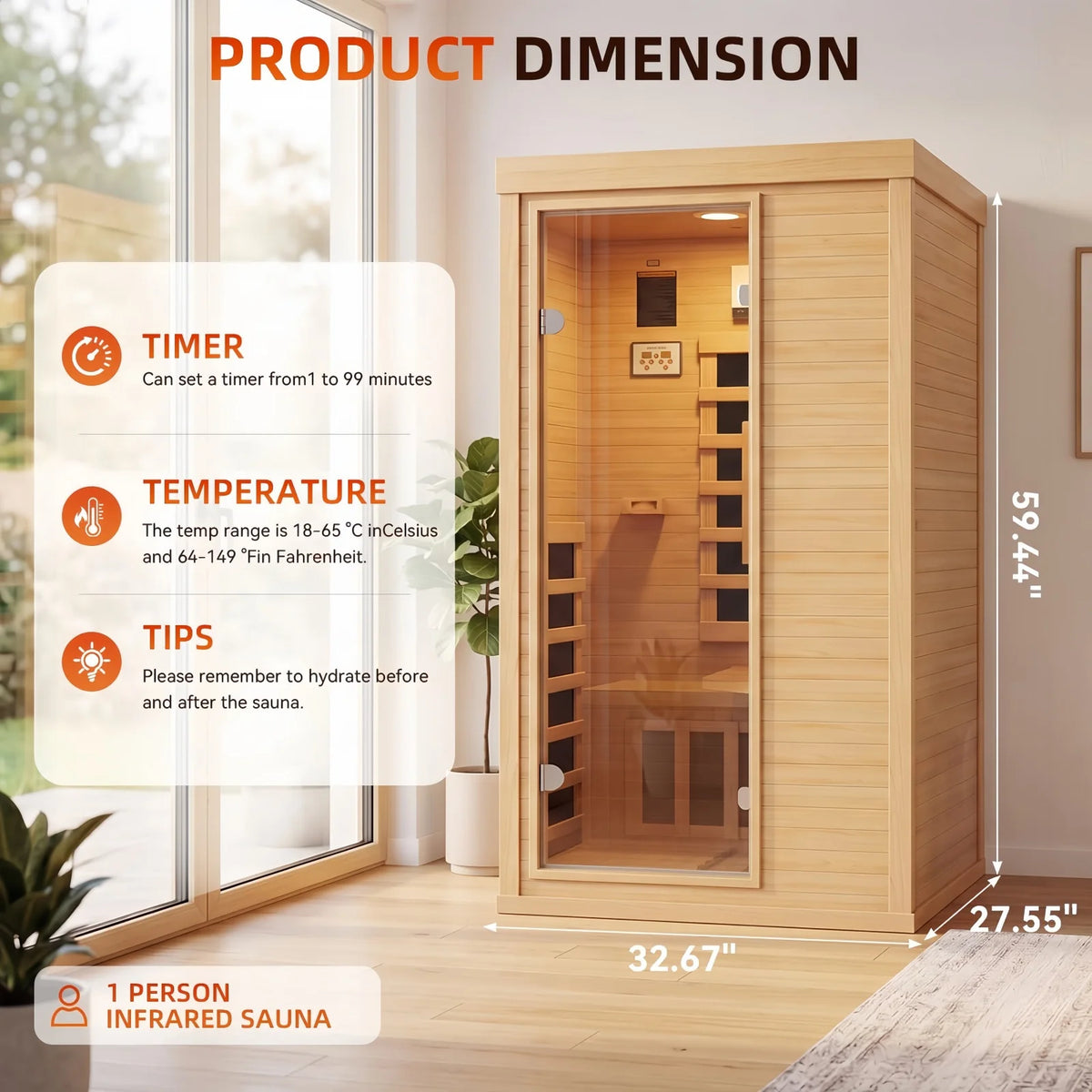 Nordivale 1 Person Wood Infrared Sauna, Canadian Hemlock Traditional Dry Spa Room with Bluetooth & Control Panel, Low EMF Indoor Sauna Cabin (32.67"x27.55"x59.44")