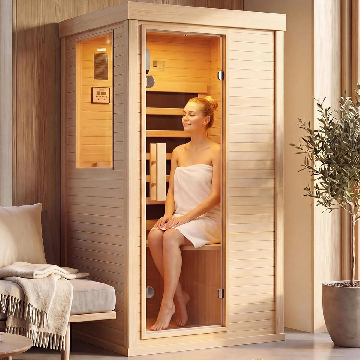 Nordivale 1 Person Wood Infrared Sauna, Canadian Hemlock Traditional Dry Spa Room with Bluetooth & Control Panel, Low EMF Indoor Sauna Cabin (32.67"x27.55"x59.44")