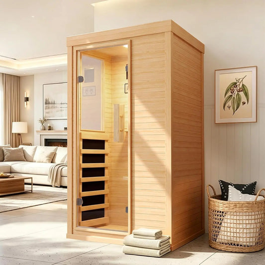 Nordivale 1 Person Wood Infrared Sauna, Canadian Hemlock Traditional Dry Spa Room with Bluetooth & Control Panel, Low EMF Indoor Sauna Cabin (32.67"x27.55"x59.44")