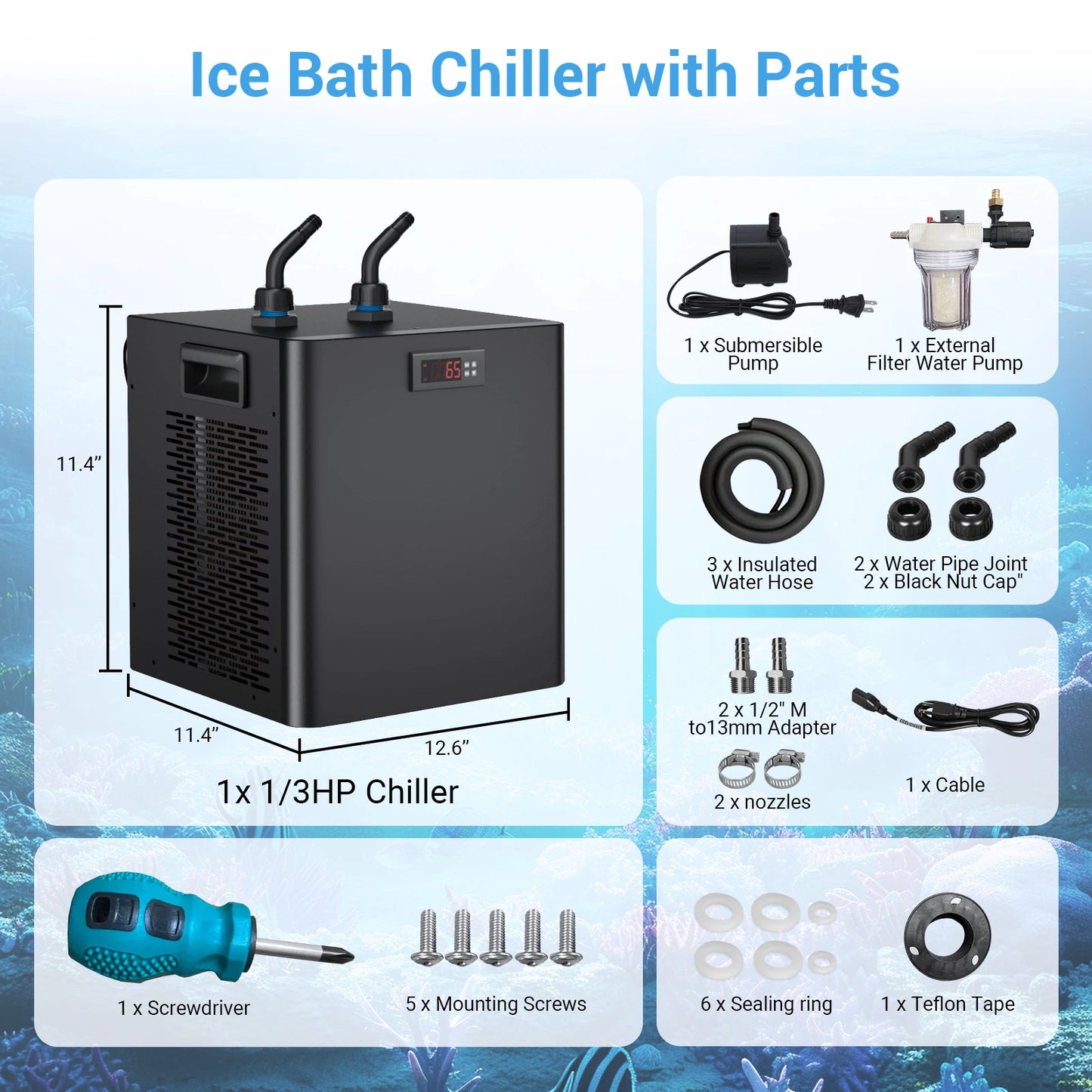 Ice Bath Chiller 1/3 HP Cold Plunge Chiller Fast Cooling to 45F Ultimate Muscle Recovery System, Easy Setup with Hose, Pump, Tub