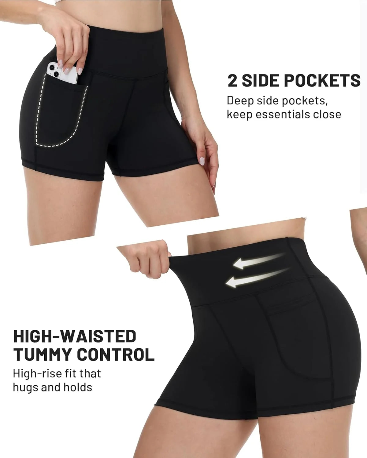 High-waisted, buttock-raising and abdominal-toning sports pants in 5 sets for women. Quick-drying, breathable with pockets.