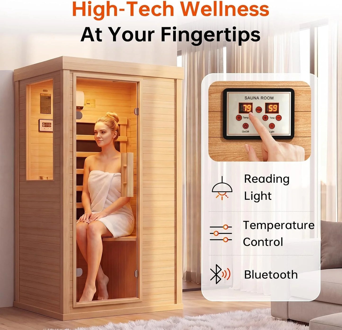 Nordivale 1 Person Wood Infrared Sauna, Canadian Hemlock Traditional Dry Spa Room with Bluetooth & Control Panel, Low EMF Indoor Sauna Cabin (32.67"x27.55"x59.44")