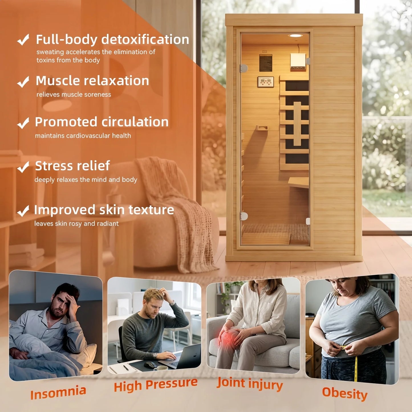 Nordivale 1 Person Wood Infrared Sauna, Canadian Hemlock Traditional Dry Spa Room with Bluetooth & Control Panel, Low EMF Indoor Sauna Cabin (32.67"x27.55"x59.44")