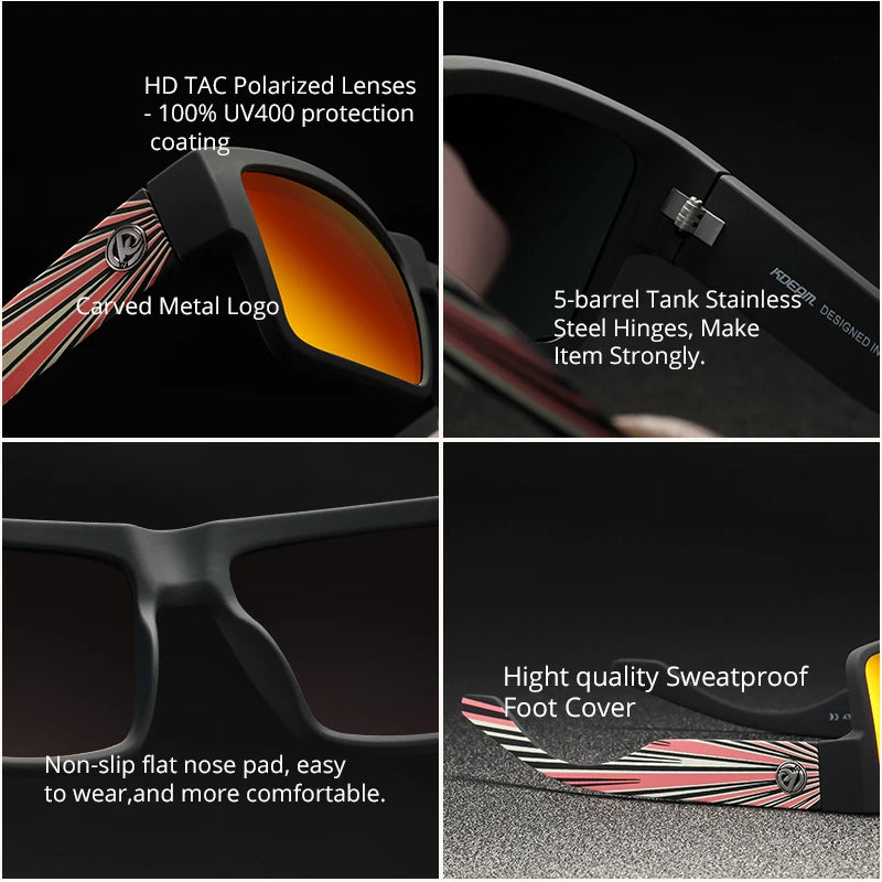 KDEAM All Black Polarized Sunglasses Unisex Square Shaped Polarizing Lens Wide Legged Sun Glasses Fishing Driving Men's Shades