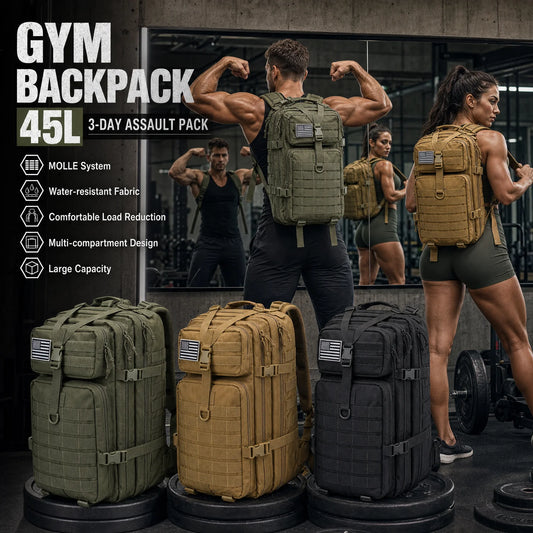 45L Tactical Gym Backpack Molle Water Resistant Sports Bag Large Capacity Training Fitness Workout Pack Men Women Travel Hiking Camping Rucksack Durable Multi Pocket Basketball Football Yoga Shoes Bag Weekend Trip Duffel Dayp