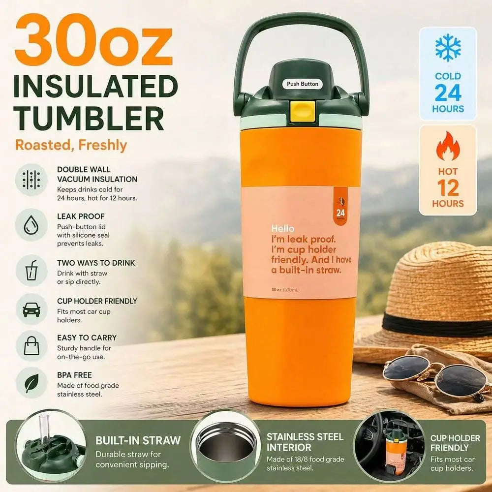 30oz Stainless Steel Insulated Mug Coffee Mug Car Mug Convenient And Portable MultiFunctional Water Bottle Perfect For Cars, Ho