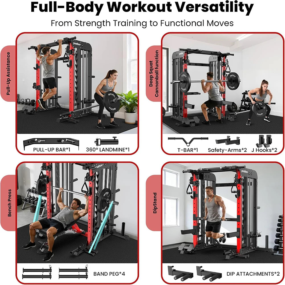 Pooboo Power Cage Smith Machine with 2000LB Squat Rack Cable System | LAT Pulldown and Dual Pulley Cable Crossover with All-in-One Home Gym Machine, Adjustable Stations and Training Attachments