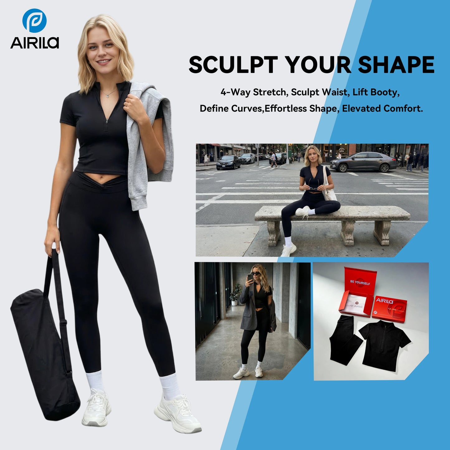 Airila Yoga Set Half-Zip Sportswear Slim Fit 2-Piece Short Sleeve Fitness Sportswear High Waist Sportswear Running Breathable