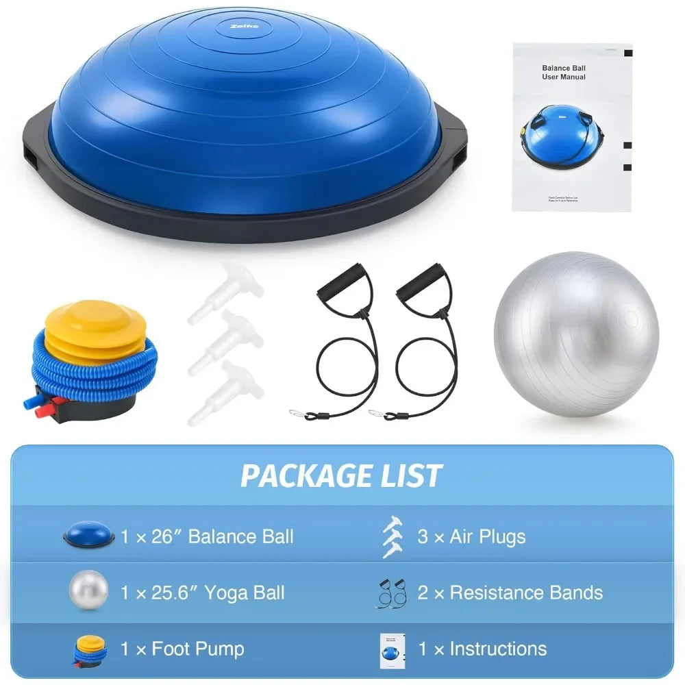 25in Inflatable Half Exercise Ball Balance Trainer 660lb Weight Limit with Nonslip Base Pump and Resistance Bands