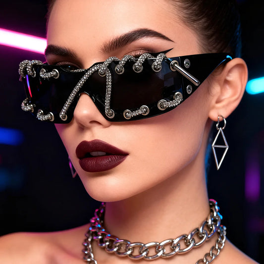 Punk Hip Hop Style Handmade Flash Diamond Sunglasses Y2K Rivets Rimless Retro Black Sunglasses Party Party Accessories