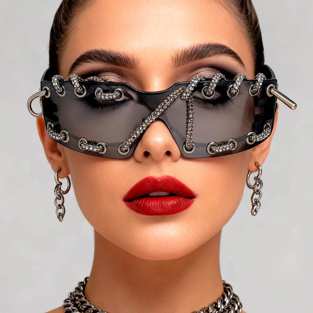 Punk Hip Hop Style Handmade Flash Diamond Sunglasses Y2K Rivets Rimless Retro Black Sunglasses Party Party Accessories
