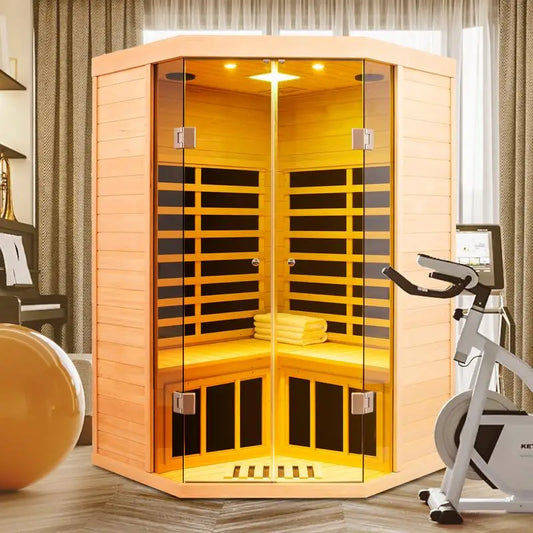 Deluxe Two Person Corner Infrared Sauna With Glass Front Hemlock