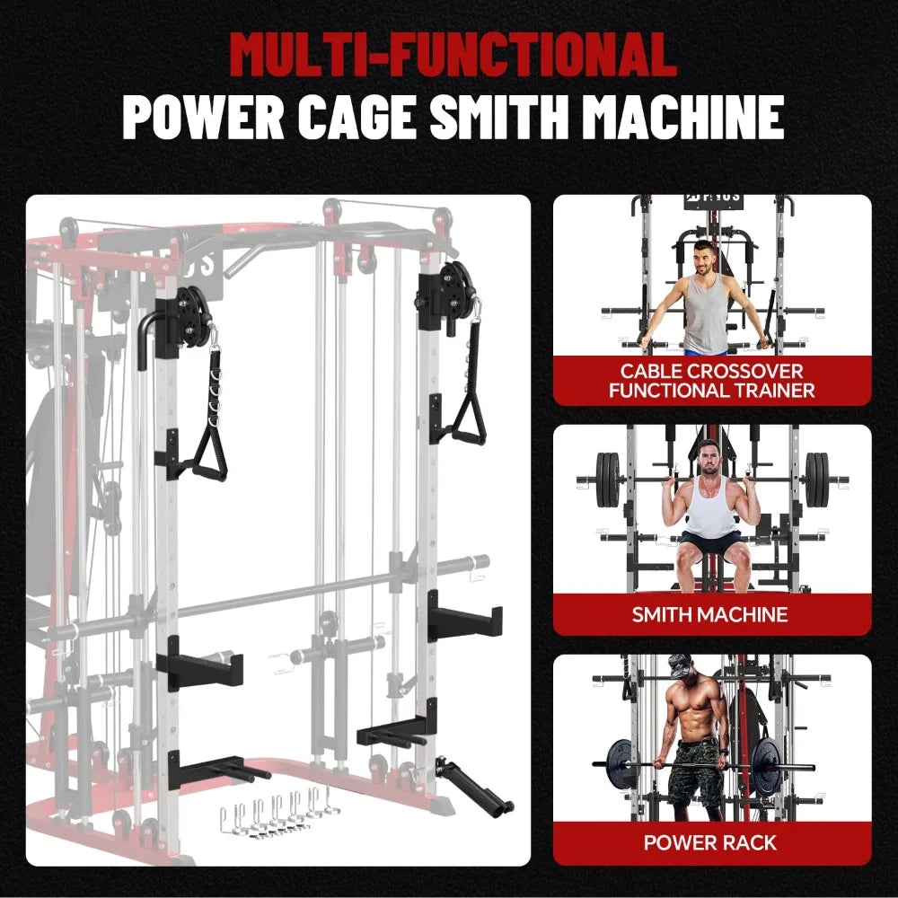 All in One Home Gym System Workout Station, Multi-Function Smithe Machine Power Cage with Cable Crossover System,, Customized