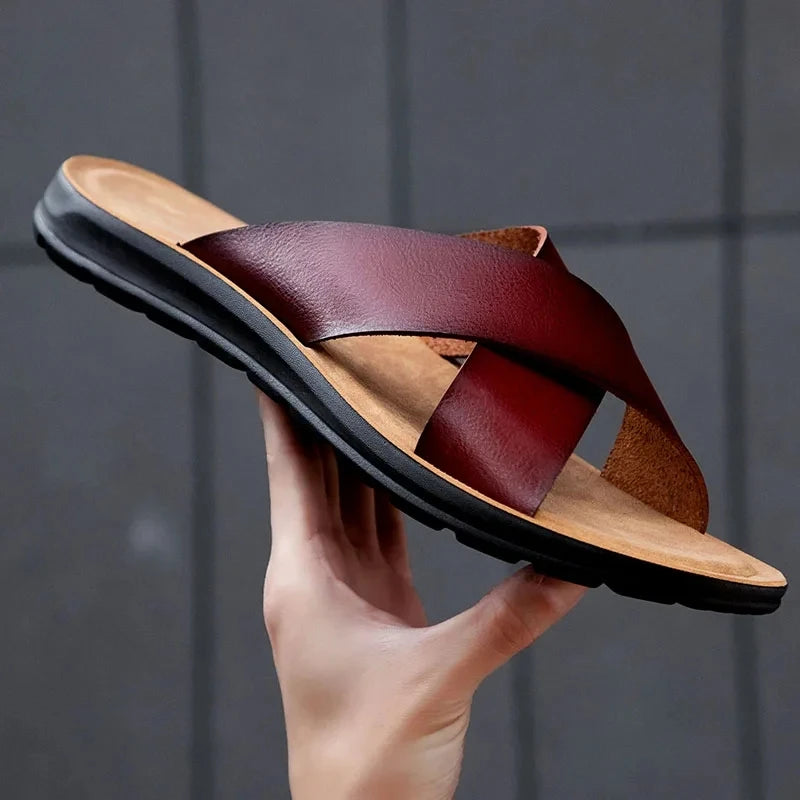 Men Shoes New  Summer Shoes Italian Leather Slippers Men High Quality Size 38-47 Beach Slip on Flats Man Flip Flops Mens Sandals