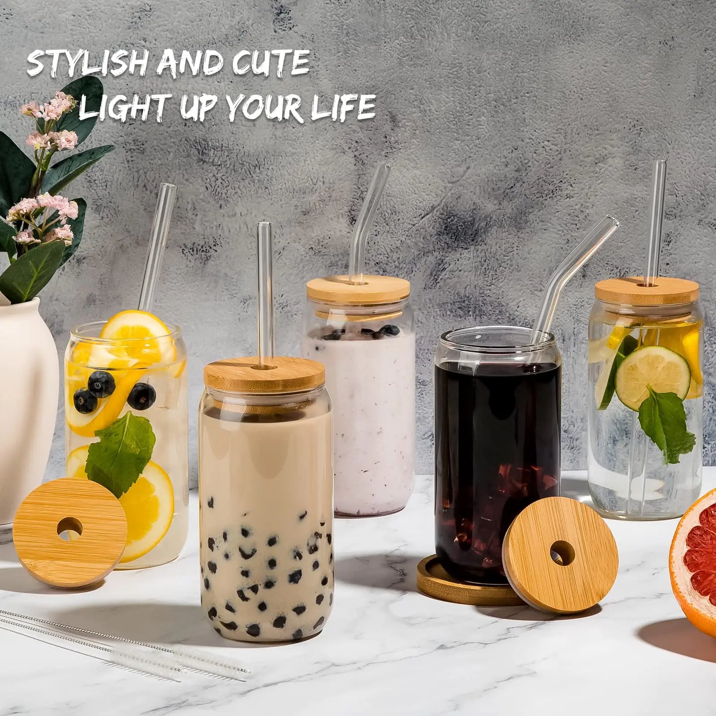 6 Pack 16oz Drinking Glasses with Bamboo Lids and Straws Clear Water Cups for Iced Coffee Tea Cocktails Whiskey Soda