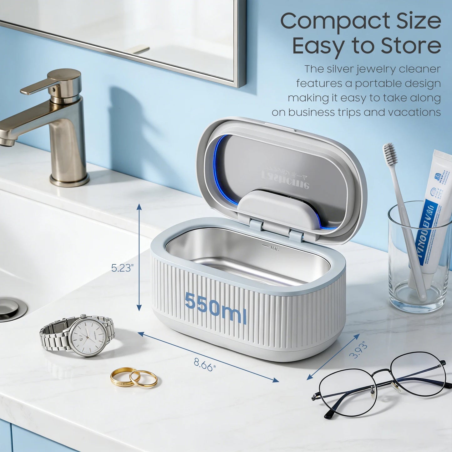 550ml Ultrasonic Cleaner, 45kHz Portable Jewelry Glasses Cleaning Machine, Deep Cleaning Ultrasound Appliance With 100ml Cleaning Solution, 5 Timer, 3 Power Levels, Degas Mode