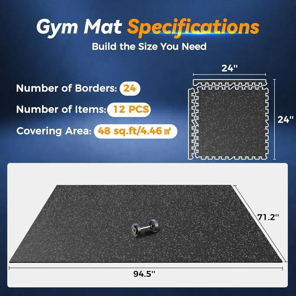 Thick Rubber Puzzle Mats for Gym Flooring, Home Workout, 12-Pack 48 Sq Ft, Black/Grey EVA Foam Tiles