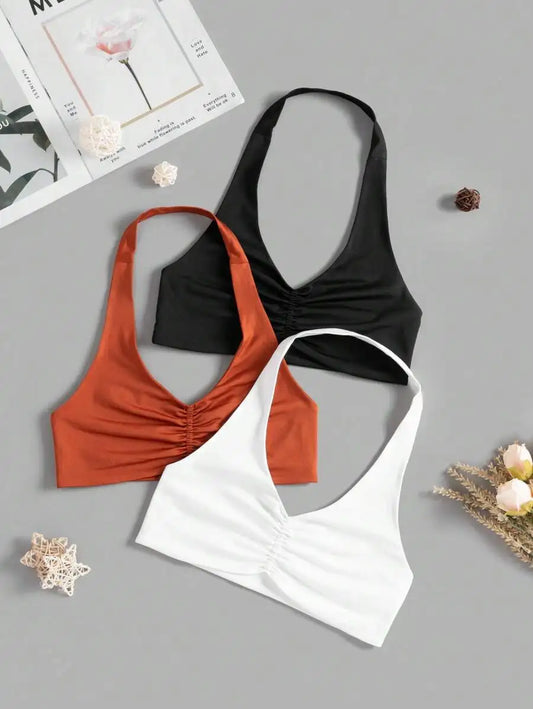 Velisys 3Pcs/Set Ruched Halter Sports Bra & Tight Fitness Camisole Set: V Neck Twist Yoga Workout Top