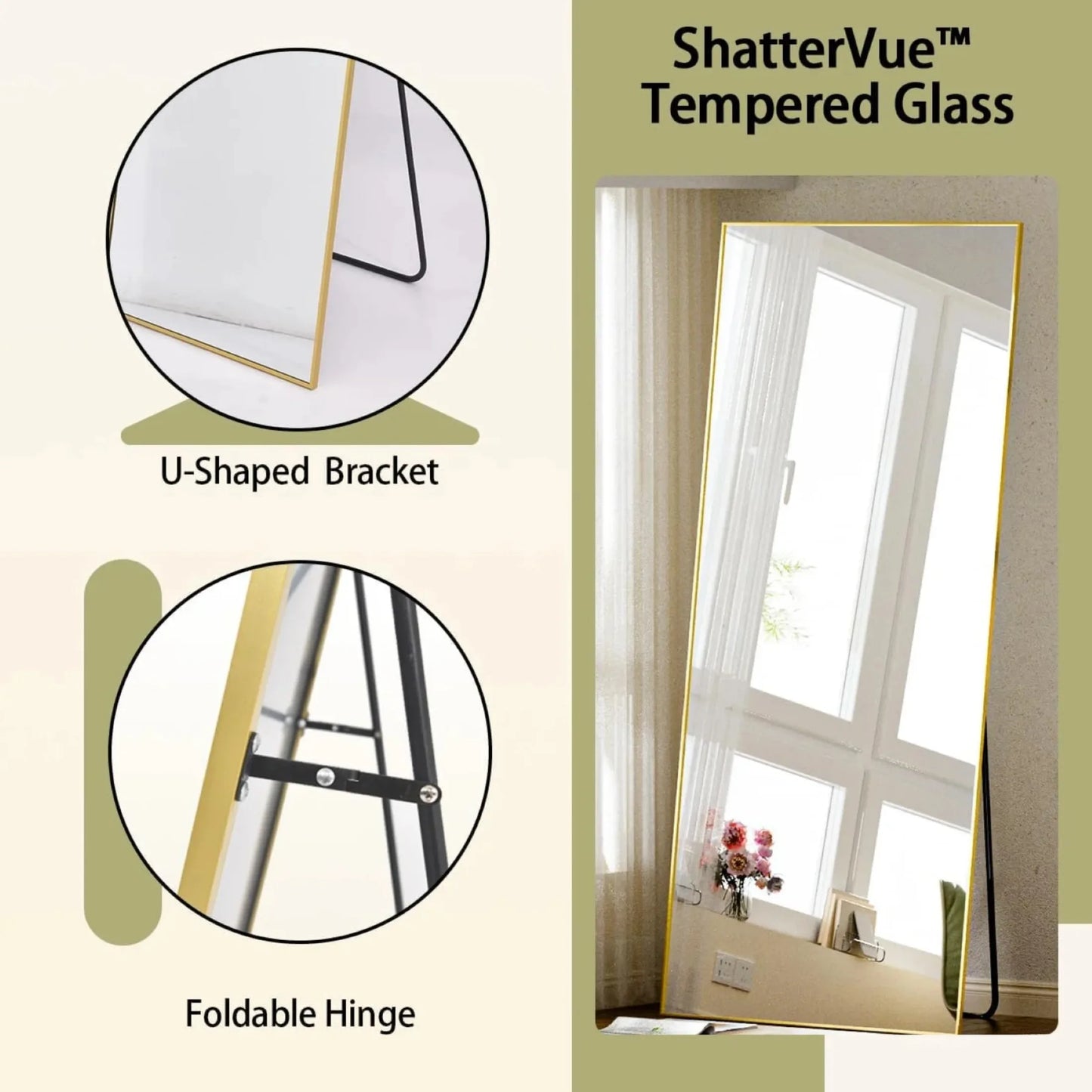 56"x21.2" Full Length Floor Mirror Rectangular Freestanding Leaning Wall-Mounted Mirror, Gold