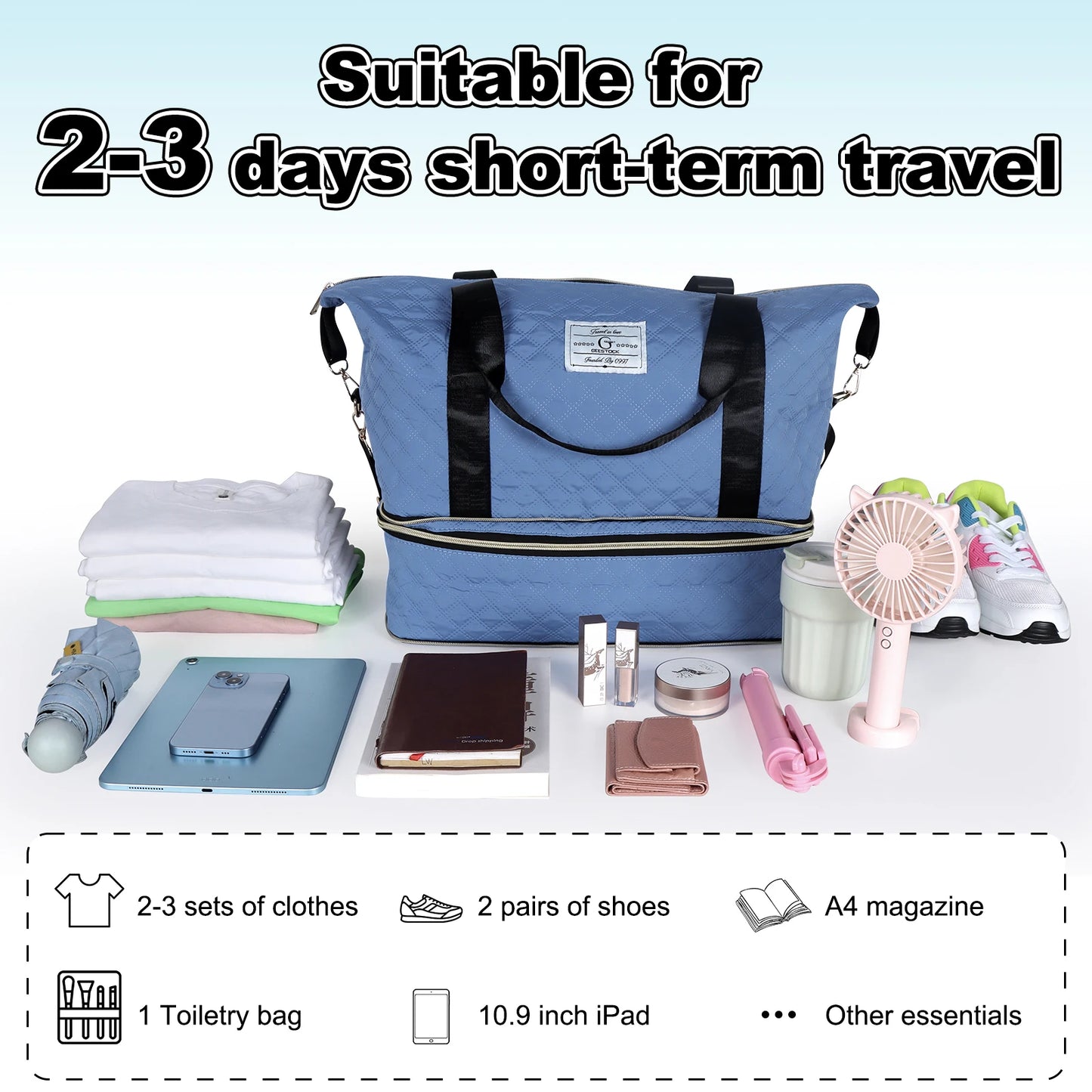 Geestock Expandable Travel Duffle Bag Large Capacity Luggage Bag Lightweight Gym Tote Bags Portable Weekender Overnight Bag