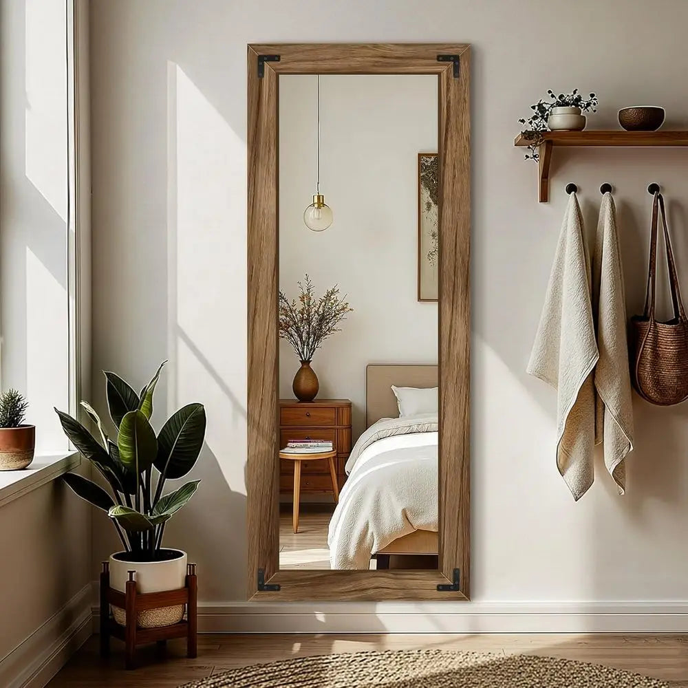 Wooden Full Length Mirror, 55"x22" Solid Wood Frame Floor Mirror, for Farmhouse, Bedroom, Living Room, Entryway Decor, Leaning o
