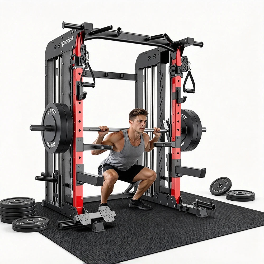 Pooboo Power Cage Smith Machine with 2000LB Squat Rack Cable System | LAT Pulldown and Dual Pulley Cable Crossover with All-in-One Home Gym Machine, Adjustable Stations and Training Attachments