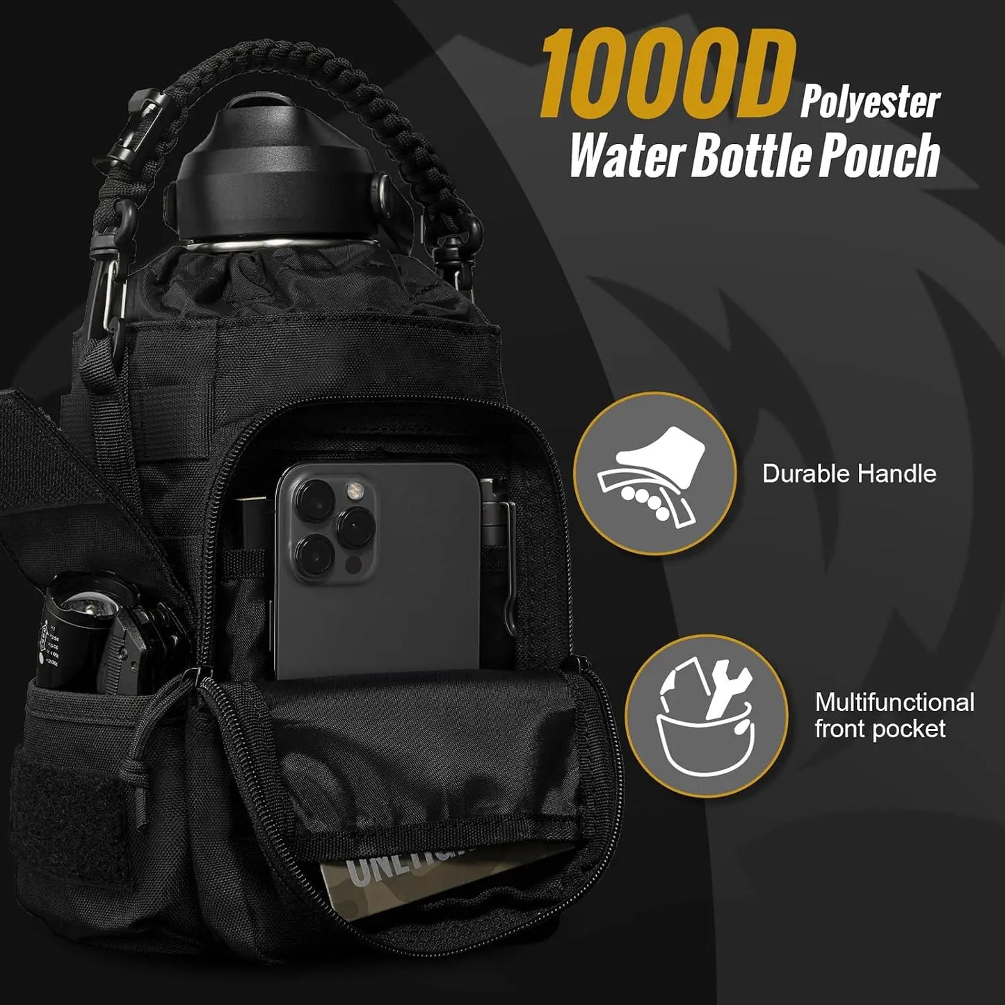 64oz Vacuum Insulated Stainless Steel Water Bottle with Straw, 3 Leakproof Lids, MOLLE Pouch & Paracord Handle for Outdoor Sports