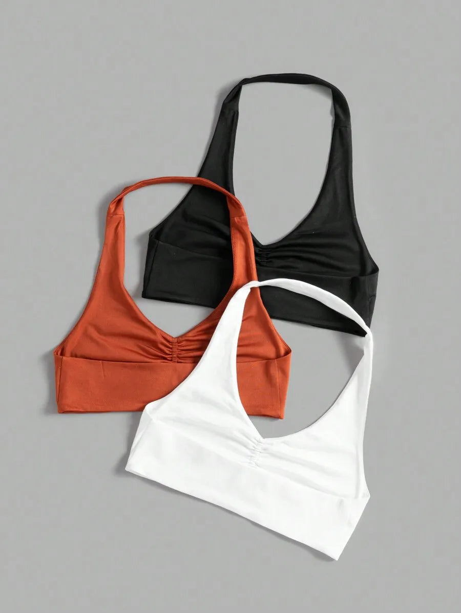 Velisys 3Pcs/Set Ruched Halter Sports Bra & Tight Fitness Camisole Set: V Neck Twist Yoga Workout Top