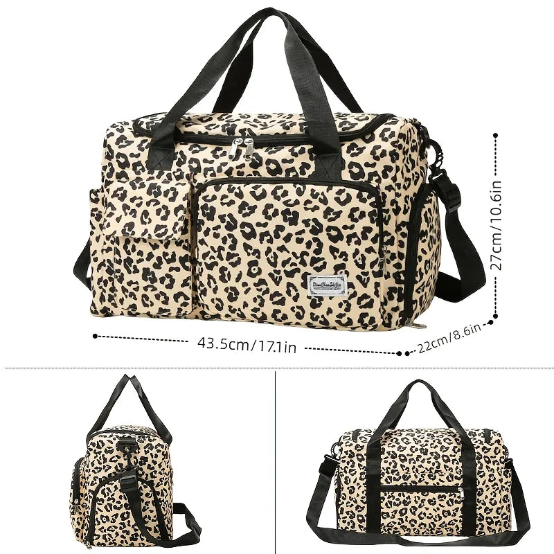 Large-Capacity Leopard Print Travel Duffel Bag – Features multiple compartments, a dedicated shoe compartment, and a spacious design suitable for overnight trips or carry-on use. A durable nylon casual sports/gym bag for wo