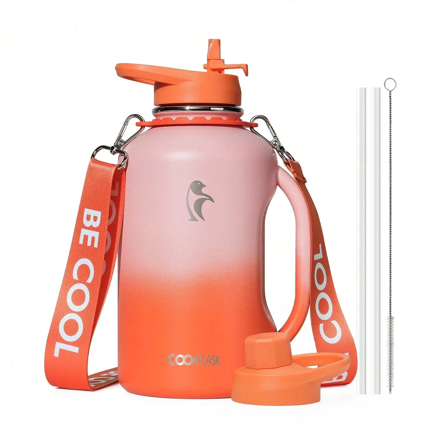 64oz Insulated Water Bottle With Handle & Strap, Stainless Steel Half Gallon Water Drinkware With 2 Lids & Straws, Lea