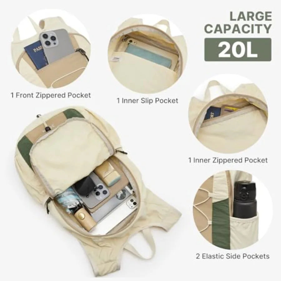 20L Hiking Backpack Lightweight Daypack with Phone Pocket Small Packable Foldable Hiking Bag for Women Men, Green+Beige