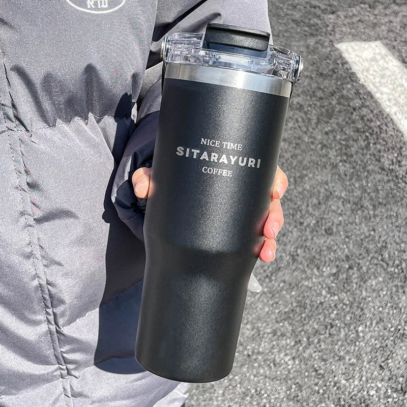 Large Capacity Insulation Cup, 30.43oz Drinking Coffee Water Cup With Straw, Simple Water Bottle