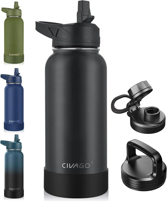 32 oz Insulated Water Bottle With Straw, Stainless Steel Sports Water Cup Flask with 3 Lids (Straw, Spout and Handle Lid), Wide