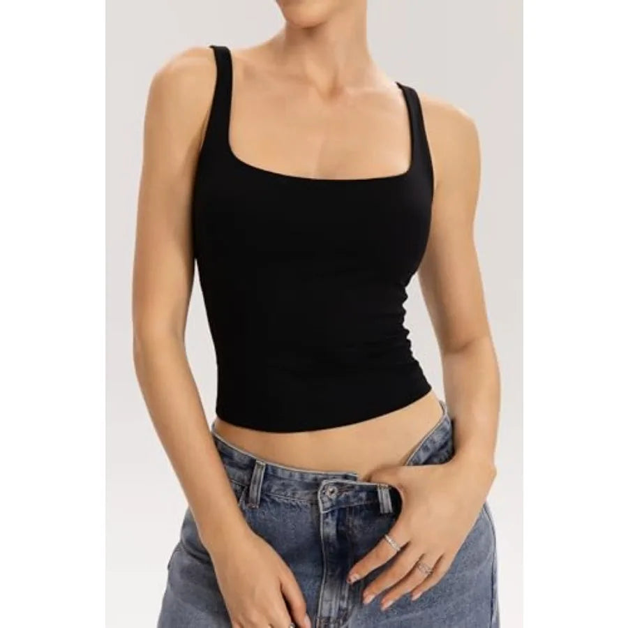QINSEN Womens Tank Tops with Built in Bras Square Neck Double Lined Basic Sleeveless Workout Tops