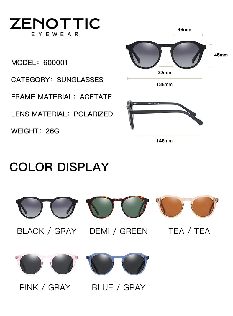 ZENOTTIC Fashion Acetate Polarized Sunglasses Round Vintage  Shade UV400 New Men/Women Retro Sun Glasses 600001S